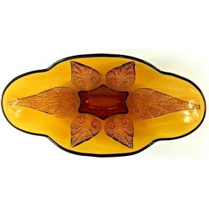 Vtg Fenton Art Glass Dish Oblong Trinket Candy Orange Amber Unique Design